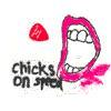 CHICKS ON SPEED - MOUTH LOGO   1” badge, Red/white with “we don't play guitar mouth (BADGE)