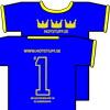 HOT STUFF SWEDEN - TRE KRONOR  Small, blue shirt with yellow wristlets and Three Crowns on front and big soccerstyled # (TS)