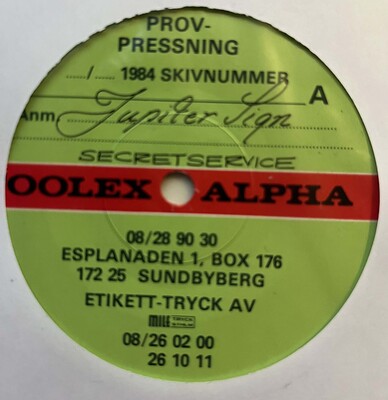 SECRET SERVICE - JUPITER SIGN / Love Cannot Be Wrong Swedish testpress of unreleased single from 1984. (7")